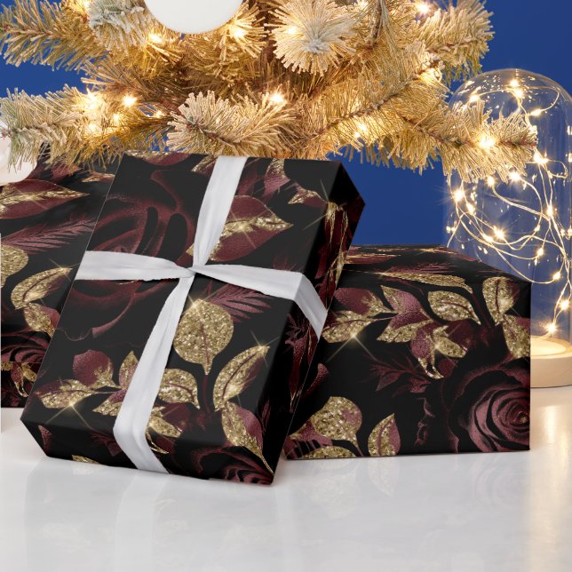 Elegant Burgundy Red och Guld Ro Blommönster Presentpapper (Helgdagar)