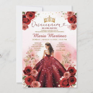 Elegant Burgundy Red Princess Flowers Quinceañera Inbjudningar