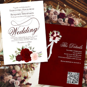 Elegant Burgundy Red & Rosa Blommigt QR Code Bröll Inbjudningar