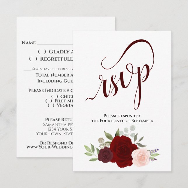 Elegant Burgundy Red & Rosa ros Bouquet Bröllop OSA Kort (Fram/baksida)