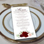 Elegant Burgundy Red &  Rosa ros Bröllop Meny<br><div class="desc">Den här vackra menyn kommer att lägga lite stil till ditt bröllopsmottagande. Den har en vacker blommigt för boho-chic med ett kluster av handmålat ro i burgunska,  röda och  rosor,  tillsammans med eucalyptus-löv och trädgårdsgrej. Det finns utrymme för namn från paret och bröllop,  och texten är helt anpassade.</div>