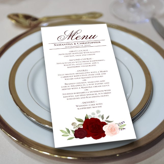 Elegant Burgundy Red &  Rosa ros Bröllop Meny (Skapare uppladdad)