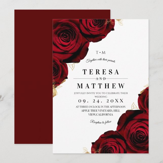 Elegant Burgundy Red Roses Floral Wedding Inbjudningar (Fram/baksida)
