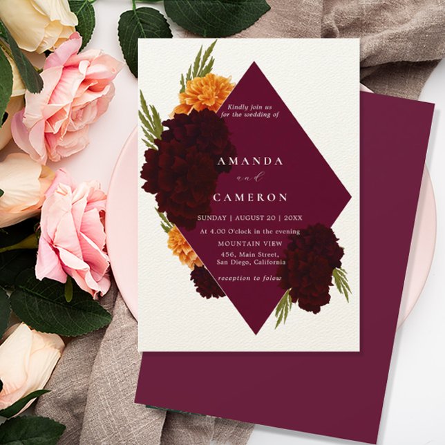 Elegant Burgundy Red Watercolor "MARIGOLD" Bröllop Inbjudningar (Skapare uppladdad)