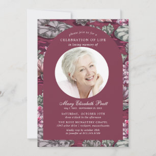 Elegant Burgundy Red Waterlily Photo Funeral Inbjudningar