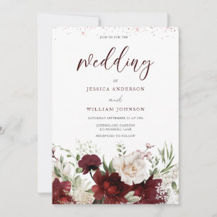 Elegant Burgundy Red & White Blommigt Bröllop Invi Inbjudningar