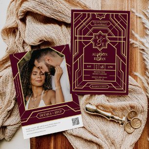 Elegant Burgundy Retro Art Deco Guld QR-kodfoto Inbjudningar