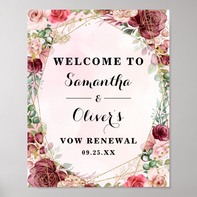 Elegant  Burgundy Ro Blommigt-årsdagen Poster (Framsidan)