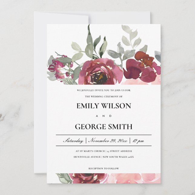 ELEGANT  BURGUNDY RO BLOMMIGT WEDDING INVITE TACK KORT (Framsida)