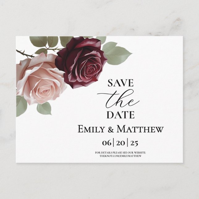 Elegant Burgundy Ro Bröllop spara datum Meddelande Vykort (Framsida)