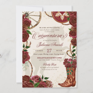 Elegant Burgundy Ro Charro Boots Quinceanera Inbjudningar