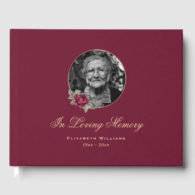 Elegant Burgundy Ro Guld Blommigt  - begravningsfo Gästböcker (Framsida)