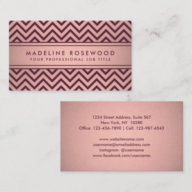 Elegant Burgundy & Ro Guld Faux Foil Chevron Visitkort (Fram/baksida)