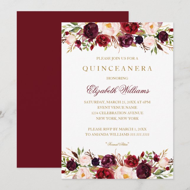 Elegant Burgundy Ro Quinceanera-inbjudan Inbjudningar (Fram/baksida)