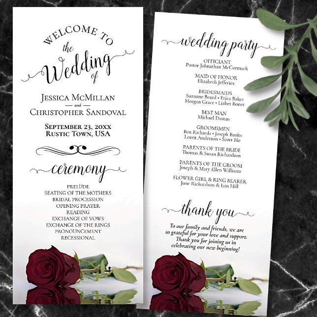 Elegant Burgundy Ro Simple Romantic Bröllop Program (Front and Back)