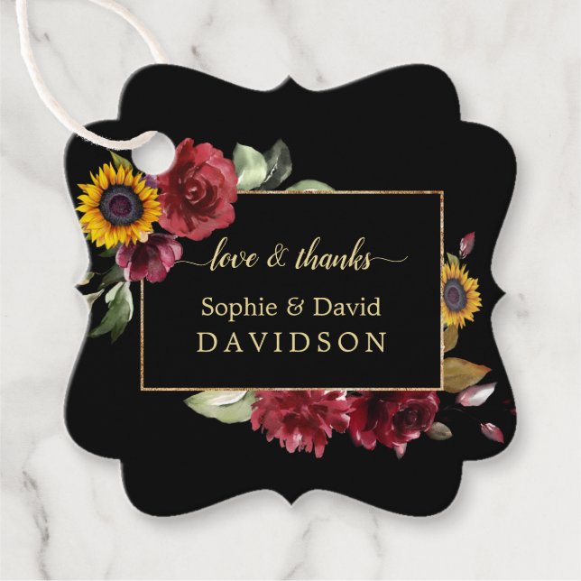 Elegant Burgundy Ro Solros Guld Bröllop Gåvor Etiketter (Framsida)