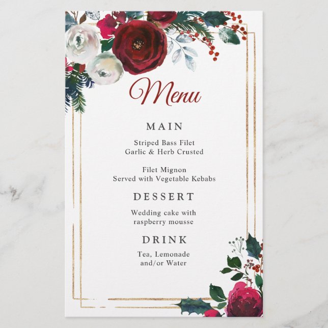 Elegant Burgundy Ro Winter Wedding Menu (Framsida)