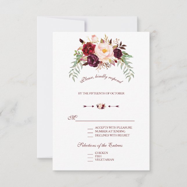 Elegant Burgundy Röd Marsala Blommig Bröllop RSVP OSA Kort (Framsida)