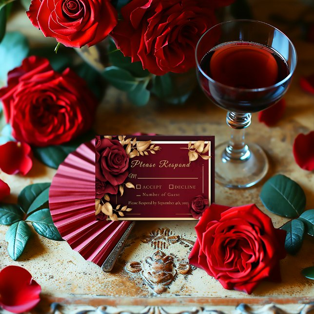 Elegant Burgundy Röd ros Flamenco Bröllop OSA Kort (Elegant Dark Burgundy and Gold Rose Flamengo Collection RSVP Enclosure Card)