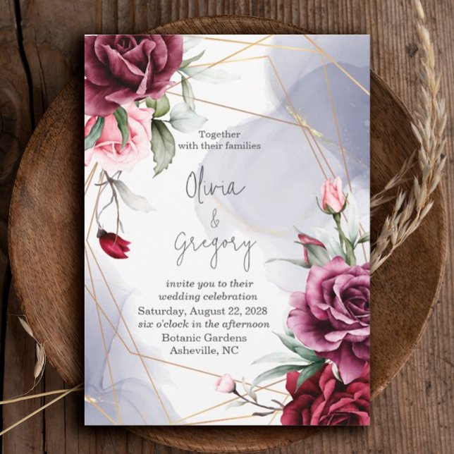 Elegant Burgundy Röd ros Watercolor Inbjudningar (#Romance #redroses #weddinginvitation #FloralRomance #romanticburgundy #Blush #elegantinvitation)