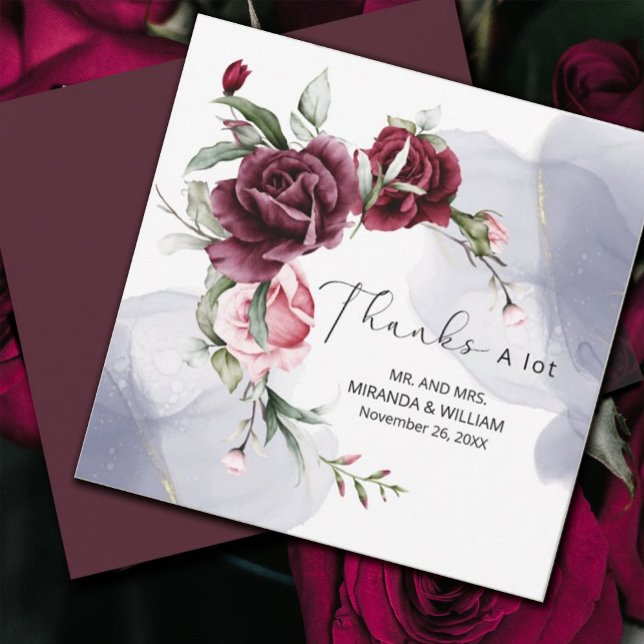 Elegant Burgundy Röd ros Watercolor Tack Ca (#Romance #redroses #thankyoucard#FloralRomance #romanticburgundy #Blush #elegantinvitation)