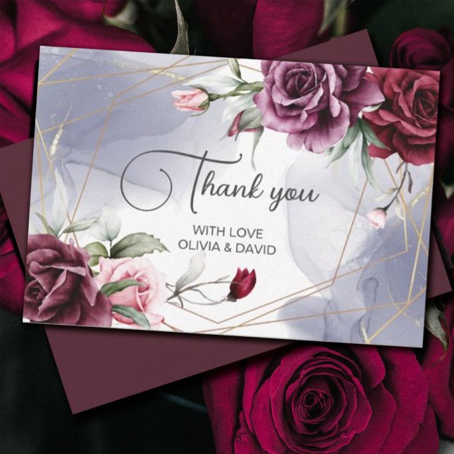 Elegant Burgundy Röd ros Watercolor Tack Kort (#Romance #redroses #thankyoucard#FloralRomance #romanticburgundy #Blush #elegantinvitation)
