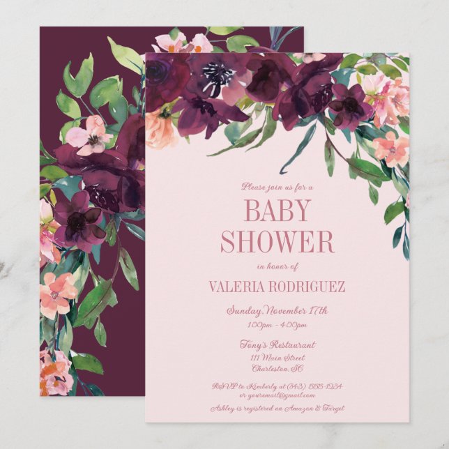 Elegant Burgundy  Rosa Blommigt Baby Shower Inbjudningar (Fram/baksida)