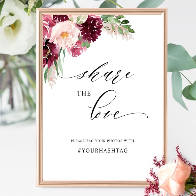 Elegant Burgundy  Rosa Blommigt Hashtag-tecken Poster (Skapare uppladdad)