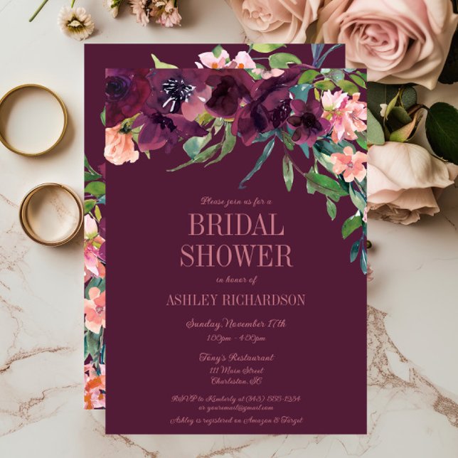 Elegant Burgundy  Rosa Blommigt Möhippa I Inbjudningar (Burgundy Blush Floral Fall Bridal Shower Invitation)