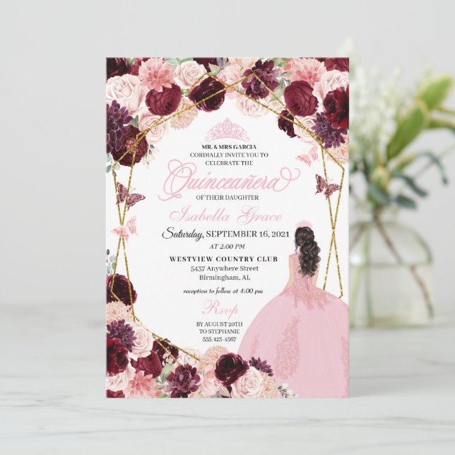 Elegant Burgundy  Rosa Blommigt Quinceanera Inbjudningar (Stående Fram)