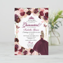 Elegant Burgundy  Rosa Blommigt Quinceanera Inv.