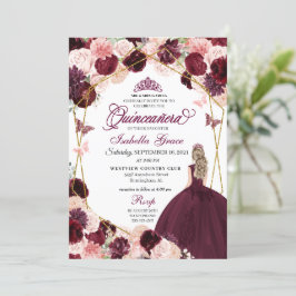 Elegant Burgundy  Rosa Blommigt Quinceanera Inv. Inbjudningar