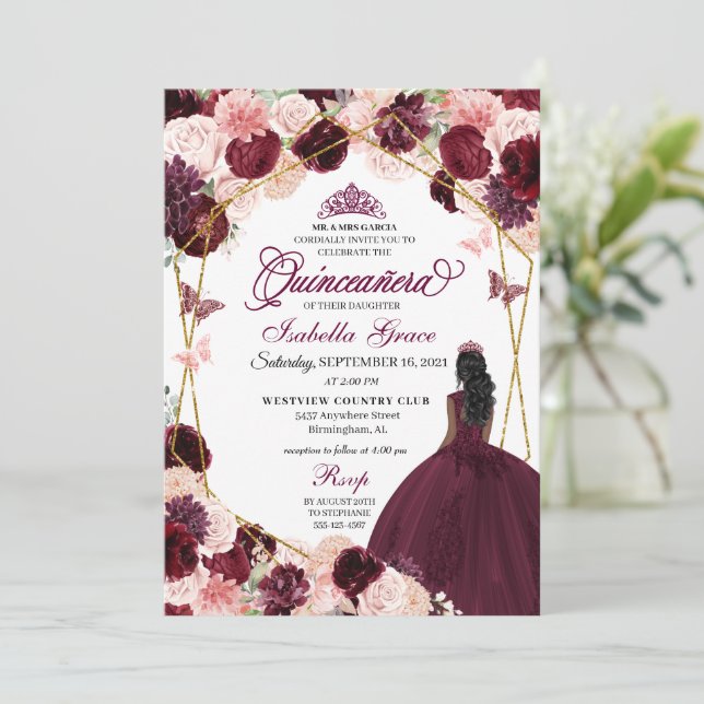 Elegant Burgundy  Rosa Blommigt Quinceanera Inv. Inbjudningar (Stående Fram)