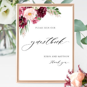Elegant Burgundy Rosa Bröllop Guestbook-tecken Poster