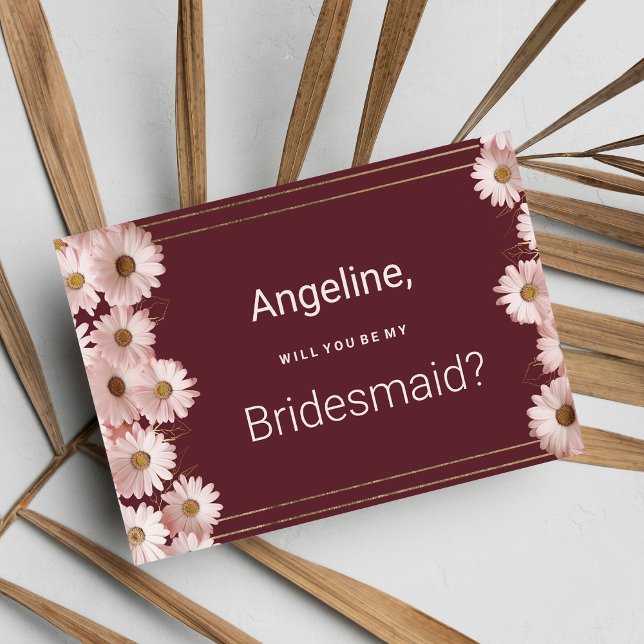 Elegant burgundy rosa daisy guld blomma Bridesmaid Inbjudningar (Elegant burgundy pink gold daisy flower Bridesmaid )