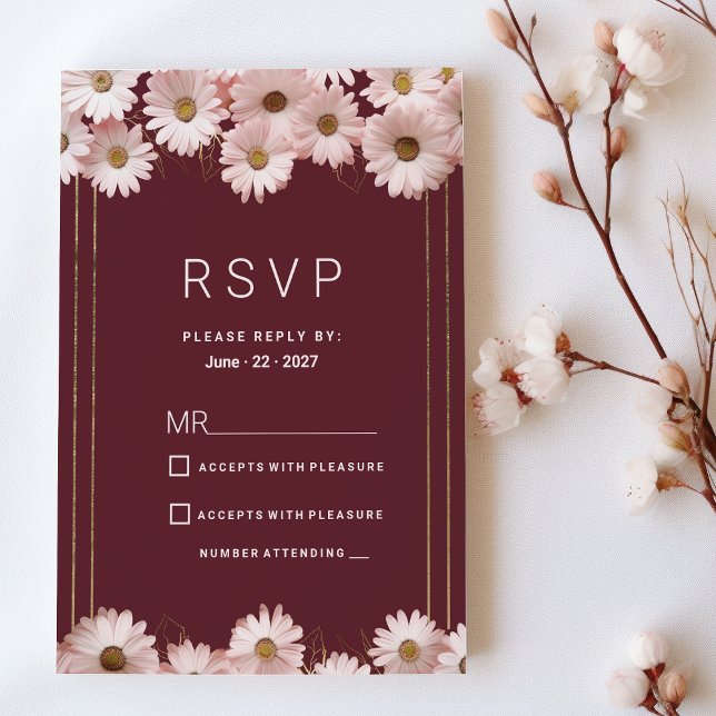 Elegant burgundy rosa daisy guld blommor OSA Inbjudningar (Elegant burgundy pink gold daisy flowers RSVP)