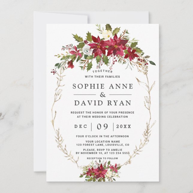 Elegant Burgundy Rosa Flowers Guld Bröllop Inbjudningar (Framsida)