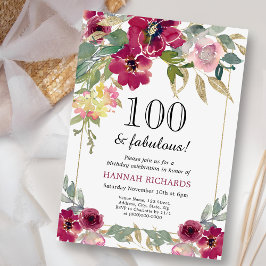 Elegant Burgundy Rosa Guld Blommigt 100:e födelsed Inbjudningar