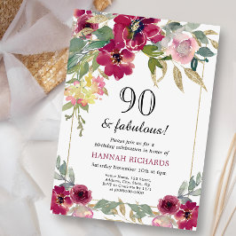 Elegant Burgundy Rosa Guld Blommigt 90:e födelseda Inbjudningar
