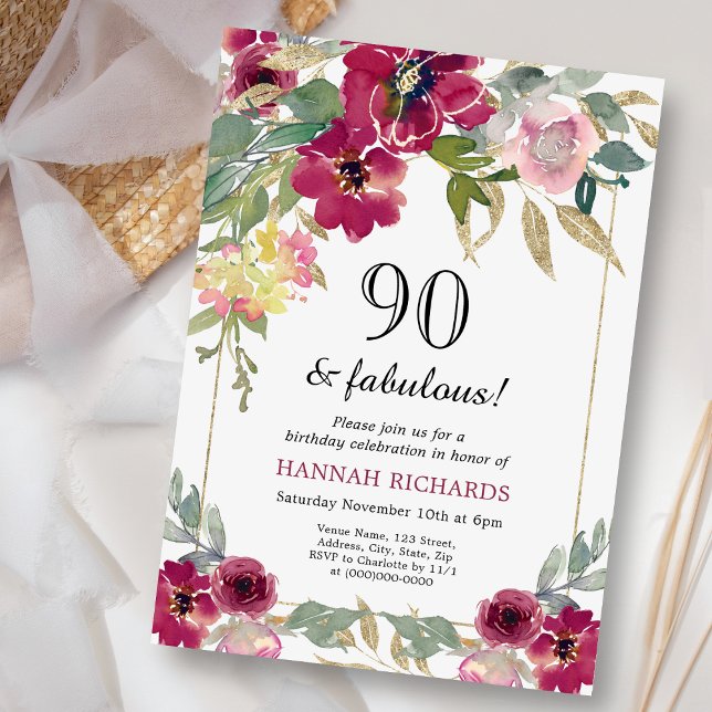 Elegant Burgundy Rosa Guld Blommigt 90:e födelseda Inbjudningar (Skapare uppladdad)