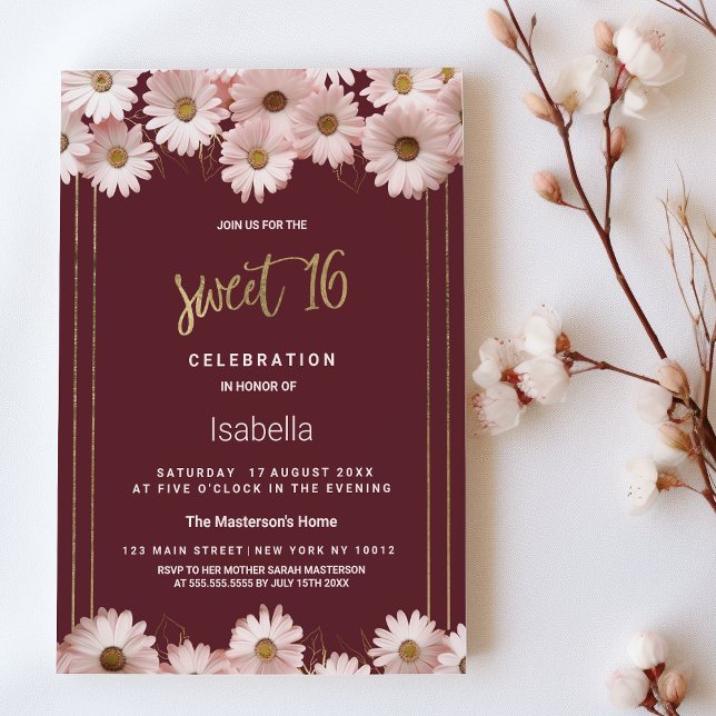 Elegant burgundy rosa guld daisy blommor Söt 16 Inbjudningar (Elegant burgundy pink gold daisy flowers Sweet 16)
