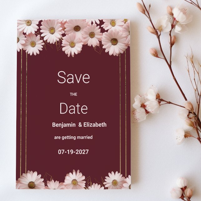 Elegant burgundy rosa guld daisy Spara datum Inbjudningar (Elegant burgundy pink gold daisy Save the Date)