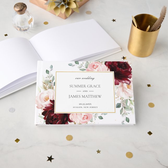 Elegant Burgundy  Rosa ros Blommigt Bröllop Gästböcker (Framsida öppen)