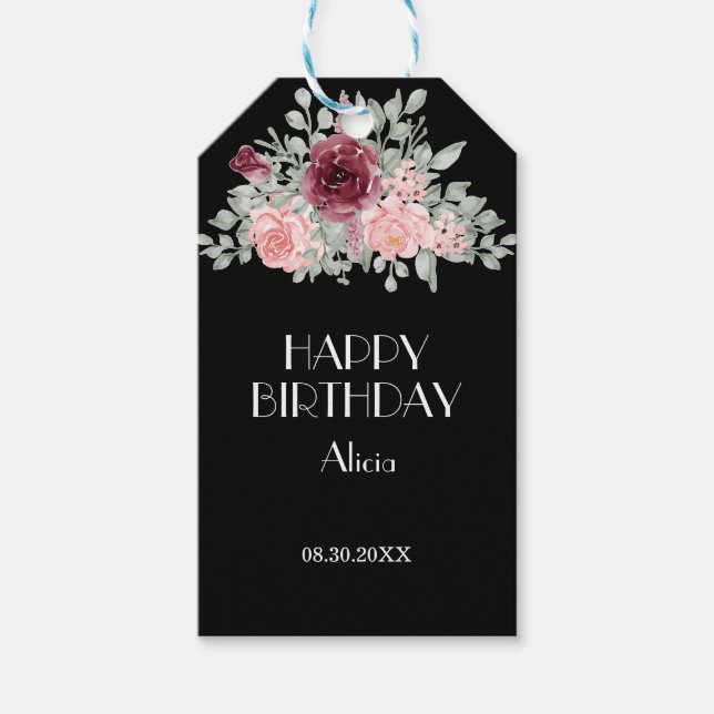 Elegant Burgundy Rosa ros Flora Birthday Gift Märk Presentetikett (Framsidan)