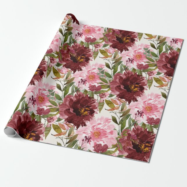 Elegant Burgundy Rosa Watercolor Blommigt Botanisk Presentpapper (Utrullad)