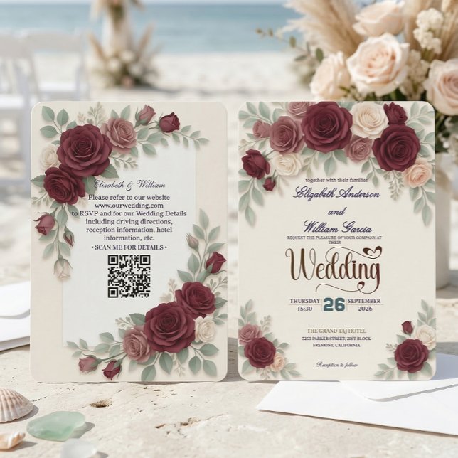 Elegant Burgundy Rose All In One QR Code Wedding Inbjudningar (Skapare uppladdad)