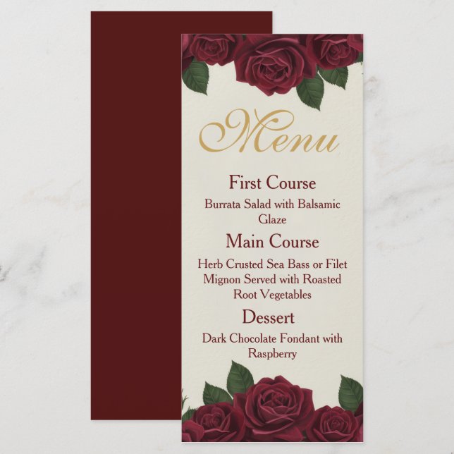Elegant Burgundy Rose and Gold Floral Wedding Menu Meny (Fram/baksida)