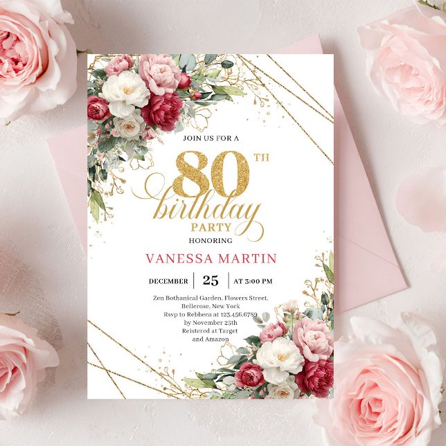Elegant Burgundy Rosé Guld 80-års Födelsedagsinbju Inbjudningar (Elegant Burgundy Blush Gold 80th Birthday Invite)