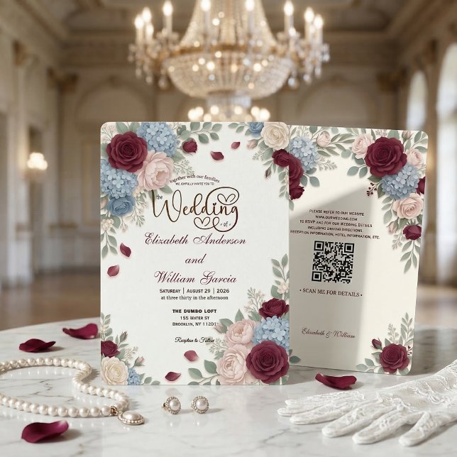 Elegant Burgundy Rose Modern QR Code Wedding Inbjudningar (Skapare uppladdad)
