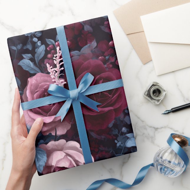 Elegant Burgundy Rose Navy Floral Pattern Presentpapper (Gifting)